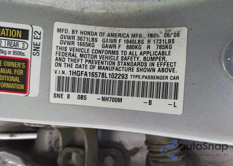 2008 Honda Civic Lx from USA, damaged, VIN 1HGFA16578L102293